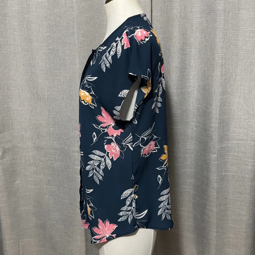 Apt 9 Short Sleeve ButtonUp Blouse-S-Poly-Floral Print-Teal/Pink/White/Orange - Picture 7 of 12